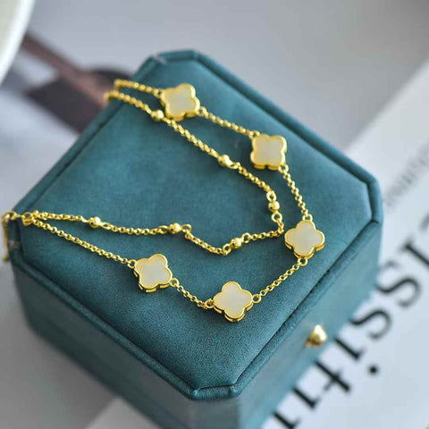 6088-2# Gelang Perak Sterling S925 dengan Giok Hetian Bentuk Daun Semanggi Empat (Batu Lepas): 8*8 (Termasuk ongkos kirim dan pajak)