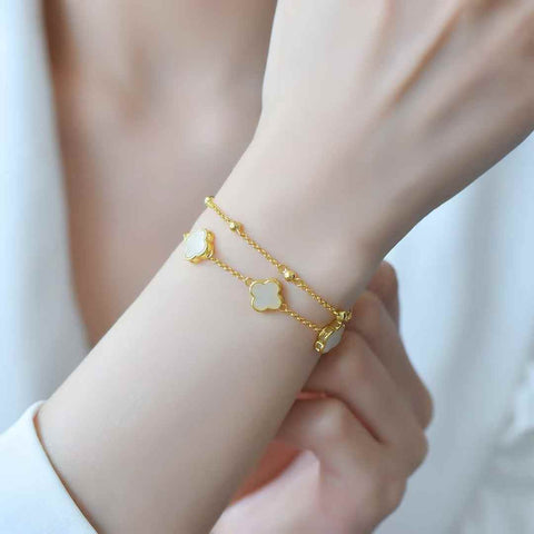 6088-2# Gelang Perak Sterling S925 dengan Giok Hetian Bentuk Daun Semanggi Empat (Batu Lepas): 8*8 (Termasuk ongkos kirim dan pajak)