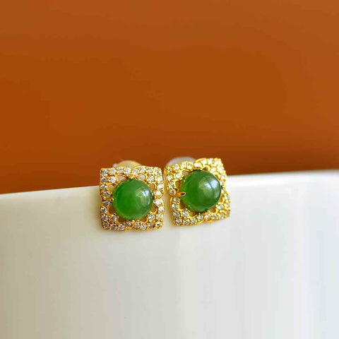 12584-2#s925 Anting-anting Giok Hetian Bertatahkan Perak (Batu Lepas): 6*6 cm, termasuk ongkos kirim dan pajak.
