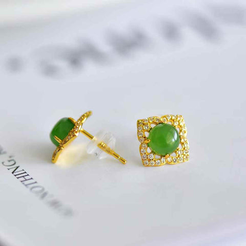 12584-2#s925 Anting-anting Giok Hetian Bertatahkan Perak (Batu Lepas): 6*6 cm, termasuk ongkos kirim dan pajak.