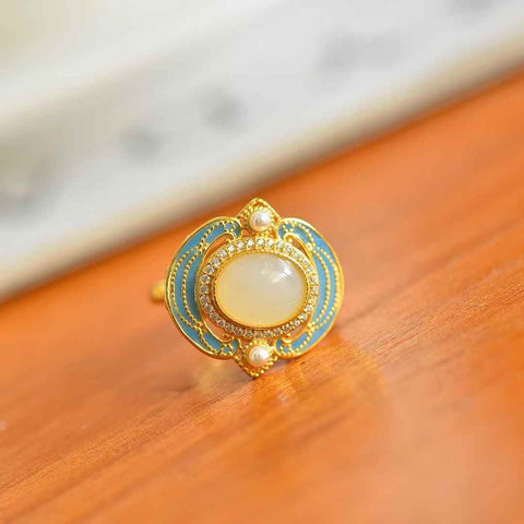 1588-2#S925 Cincin Perak dengan Batu Giok Hetian Cabochon dan Mutiara Berenamel (Batu Mentah: 8×10mm, termasuk ongkos kirim dan pajak)