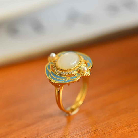 1588-2#S925 Cincin Perak dengan Batu Giok Hetian Cabochon dan Mutiara Berenamel (Batu Mentah: 8×10mm, termasuk ongkos kirim dan pajak)