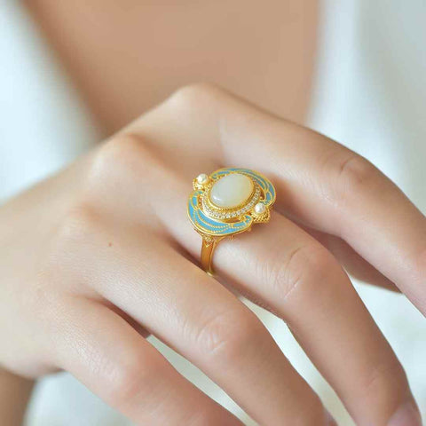 1588-2#S925 Cincin Perak dengan Batu Giok Hetian Cabochon dan Mutiara Berenamel (Batu Mentah: 8×10mm, termasuk ongkos kirim dan pajak)