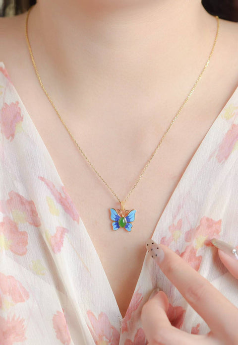 Kalung kupu-kupu enamel giok Hetian alami, ukuran batu: 4*6mm, termasuk ongkos kirim dan pajak.