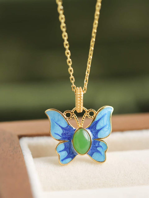 Kalung kupu-kupu enamel giok Hetian alami, ukuran batu: 4*6mm, termasuk ongkos kirim dan pajak.