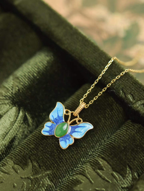 Kalung kupu-kupu enamel giok Hetian alami, ukuran batu: 4*6mm, termasuk ongkos kirim dan pajak.