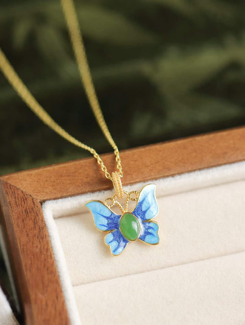 Kalung kupu-kupu enamel giok Hetian alami, ukuran batu: 4*6mm, termasuk ongkos kirim dan pajak.