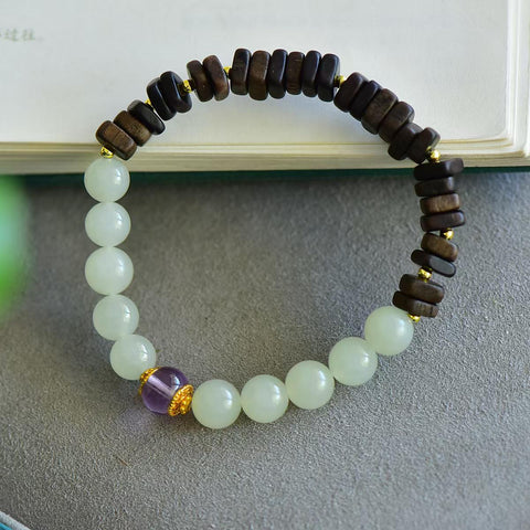 3102# Gelang giok putih Hetian dengan perak S925, batu amethyst, dan kayu gaharu, gelang untai tunggal, 8mm, termasuk ongkos kirim dan pajak.