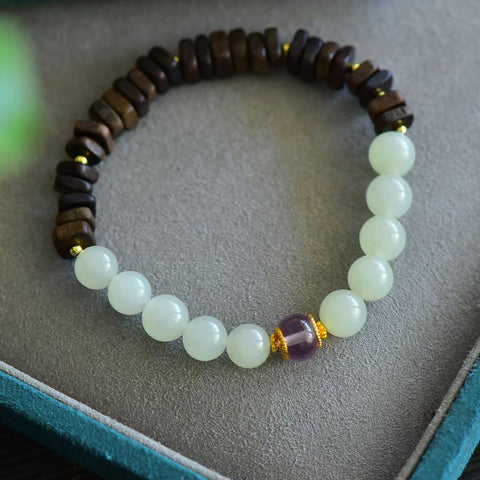 3102# Gelang giok putih Hetian dengan perak S925, batu amethyst, dan kayu gaharu, gelang untai tunggal, 8mm, termasuk ongkos kirim dan pajak.