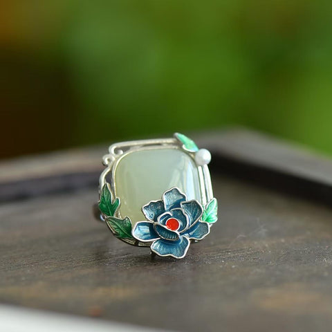 Cincin Bunga Keberuntungan dan Kemakmuran Giok Hetian Perak 9539#925 💍 Pengerjaan yang indah, desain sederhana namun elegan. Ukuran giok: 14*14 cm. Termasuk ongkos kirim dan pajak.