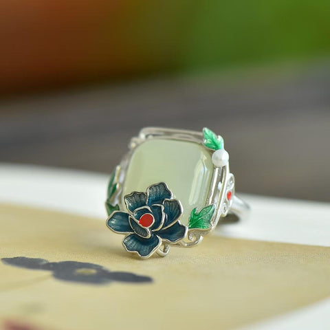 Cincin Bunga Keberuntungan dan Kemakmuran Giok Hetian Perak 9539#925 💍 Pengerjaan yang indah, desain sederhana namun elegan. Ukuran giok: 14*14 cm. Termasuk ongkos kirim dan pajak.