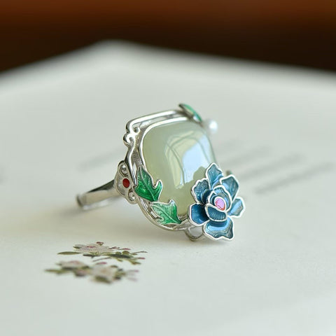 Cincin Bunga Keberuntungan dan Kemakmuran Giok Hetian Perak 9539#925 💍 Pengerjaan yang indah, desain sederhana namun elegan. Ukuran giok: 14*14 cm. Termasuk ongkos kirim dan pajak.