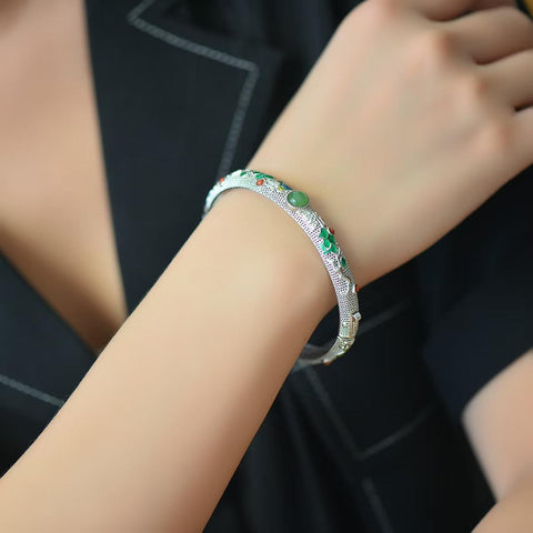18616#925 Gelang Perak Sterling dengan Desain Ukiran Matahari Terbit Giok Hetian, termasuk ongkos kirim dan pajak.