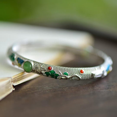 18616#925 Gelang Perak Sterling dengan Desain Ukiran Matahari Terbit Giok Hetian, termasuk ongkos kirim dan pajak.