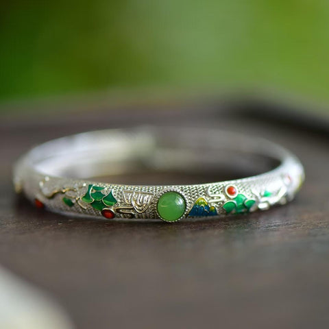 18616#925 Gelang Perak Sterling dengan Desain Ukiran Matahari Terbit Giok Hetian, termasuk ongkos kirim dan pajak.