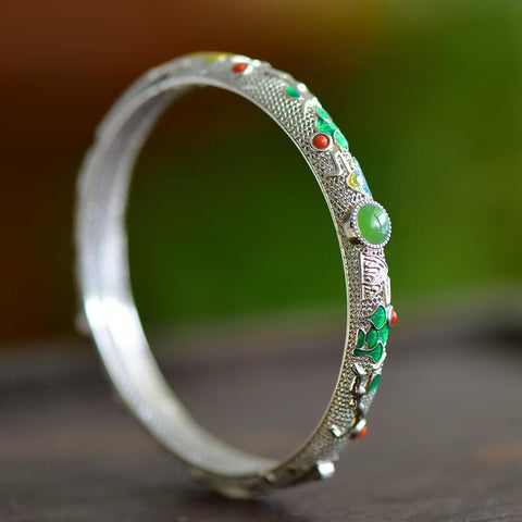 18616#925 Gelang Perak Sterling dengan Desain Ukiran Matahari Terbit Giok Hetian, termasuk ongkos kirim dan pajak.
