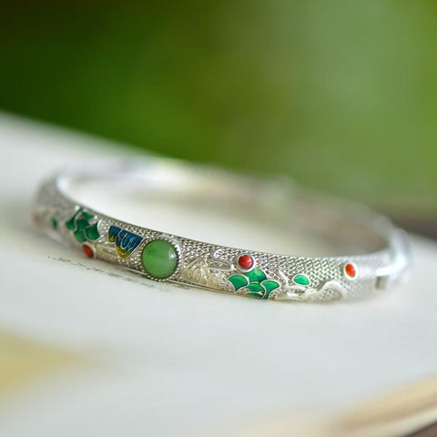 18616#925 Gelang Perak Sterling dengan Desain Ukiran Matahari Terbit Giok Hetian, termasuk ongkos kirim dan pajak.
