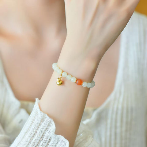 3113# Gelang giok putih Hetian dengan desain labu perak S925, 6mm, termasuk ongkos kirim dan pajak.