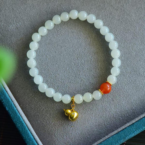 3113# Gelang giok putih Hetian dengan desain labu perak S925, 6mm, termasuk ongkos kirim dan pajak.