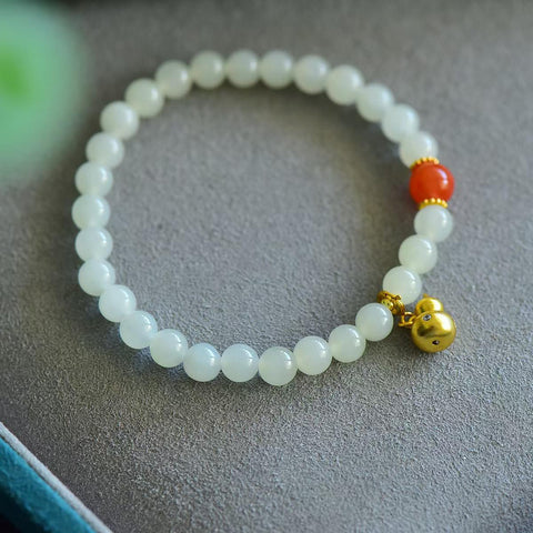 3113# Gelang giok putih Hetian dengan desain labu perak S925, 6mm, termasuk ongkos kirim dan pajak.