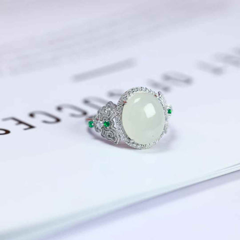 1116Q# cincin cabochon giok Hetian bertatahkan perak s925 (ukuran batu: 10*12mm, termasuk ongkos kirim dan pajak)
