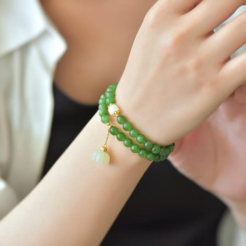22170# Gelang Lingkaran Ganda Multi-Permata Perak Kuno Giok Hetian, 6mm, Perak Kuno Bertatahkan Biji Teratai 'Keberuntungan Melimpah🌸' (Termasuk ongkos kirim dan pajak)