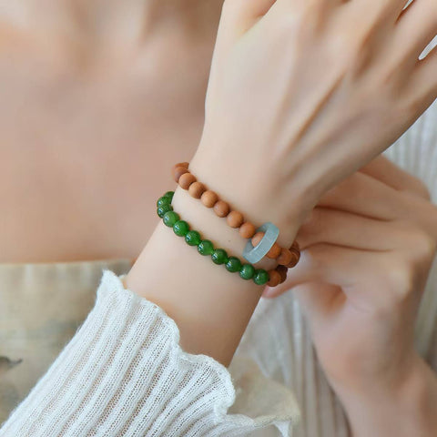 3301# Gelang giok nefrit Hetian dengan cincin giokit dan desain cincin ganda cendana, cendana 6mm + cincin giokit, termasuk ongkos kirim dan pajak.