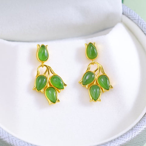 17329-2#s925 Anting-anting Tulip Tetesan Air Mata Giok Hetian Bertatahkan Perak (4 x 6) termasuk ongkos kirim dan pajak.