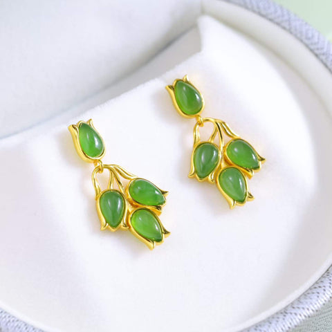 17329-2#s925 Anting-anting Tulip Tetesan Air Mata Giok Hetian Bertatahkan Perak (4 x 6) termasuk ongkos kirim dan pajak.