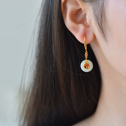 5680-2# Cincin Perdamaian Giok Hetian Bertatahkan Perak Sterling S925 dengan Enamel dan Anting-anting Agate Merah Selatan 12×12 (termasuk ongkos kirim dan pajak)
