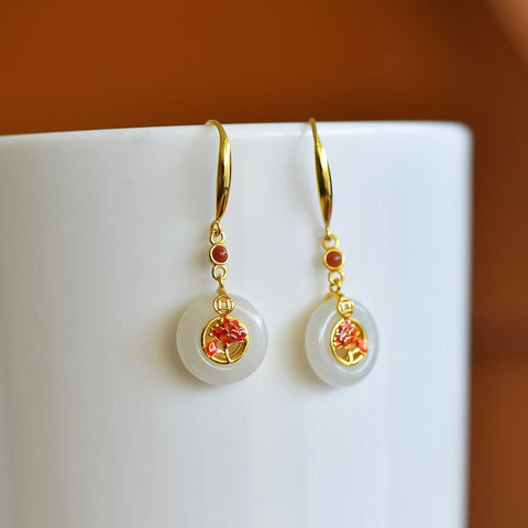 5680-2# Cincin Perdamaian Giok Hetian Bertatahkan Perak Sterling S925 dengan Enamel dan Anting-anting Agate Merah Selatan 12×12 (termasuk ongkos kirim dan pajak)