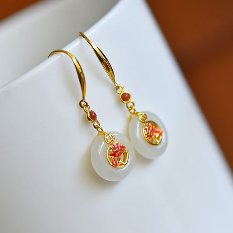 5680-2# Cincin Perdamaian Giok Hetian Bertatahkan Perak Sterling S925 dengan Enamel dan Anting-anting Agate Merah Selatan 12×12 (termasuk ongkos kirim dan pajak)