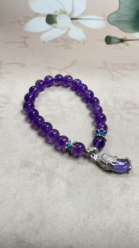 Gelang untai tunggal amethyst alami Brasil kualitas terbaik, warna luar biasa, sekitar 8mm, dipadukan dengan aksesoris yang indah, termasuk ongkos kirim dan pajak.