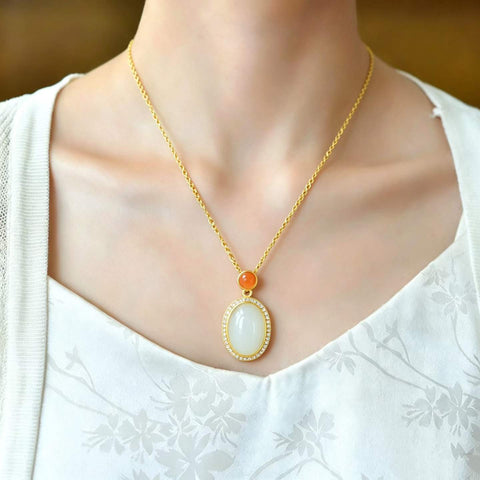 Q20344#s925 Liontin Batu Giok Hetian Cabochon dengan Agate Merah Selatan dan Zirkon Bertatahkan Perak 12×16cm (Termasuk ongkos kirim dan pajak)