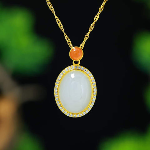 Q20344#s925 Liontin Batu Giok Hetian Cabochon dengan Agate Merah Selatan dan Zirkon Bertatahkan Perak 12×16cm (Termasuk ongkos kirim dan pajak)