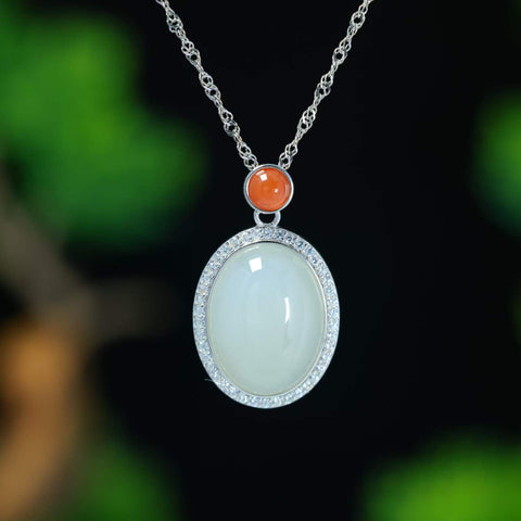 Q20344#s925 Liontin Batu Giok Hetian Cabochon dengan Agate Merah Selatan dan Zirkon Bertatahkan Perak 12×16cm (Termasuk ongkos kirim dan pajak)