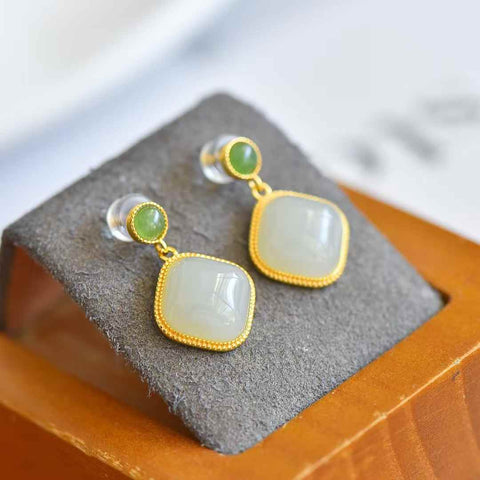 8815Q-2#s925 Anting Persegi Giok Hetian Bertatahkan Perak (Batu Permata: 10×10) Termasuk ongkos kirim dan pajak.