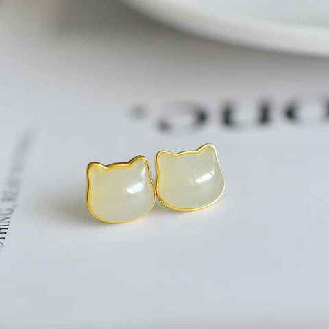 2008Q-2#s925 Anting-anting Anak Kucing Giok Hetian Bertatahkan Perak (batu lepas): 10×11 cm, termasuk ongkos kirim dan pajak.
