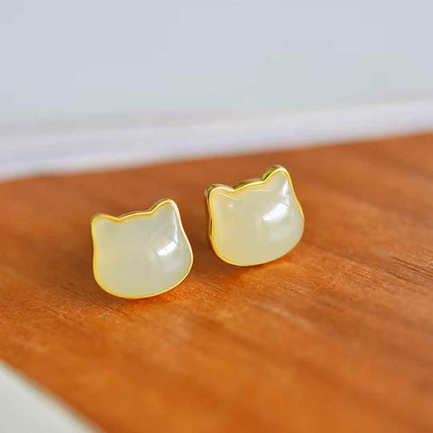 2008Q-2#s925 Anting-anting Anak Kucing Giok Hetian Bertatahkan Perak (batu lepas): 10×11 cm, termasuk ongkos kirim dan pajak.