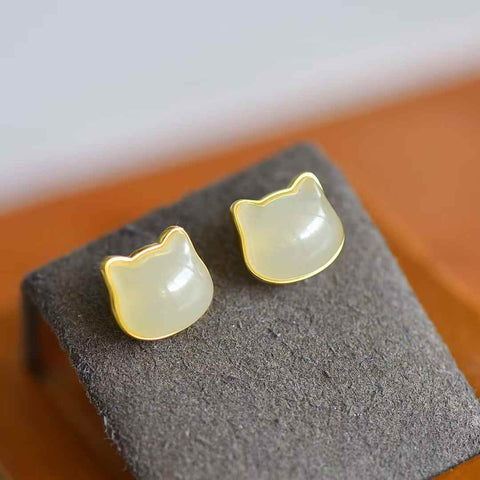 2008Q-2#s925 Anting-anting Anak Kucing Giok Hetian Bertatahkan Perak (batu lepas): 10×11 cm, termasuk ongkos kirim dan pajak.