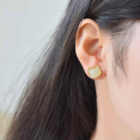 2008Q-2#s925 Anting-anting Anak Kucing Giok Hetian Bertatahkan Perak (batu lepas): 10×11 cm, termasuk ongkos kirim dan pajak.