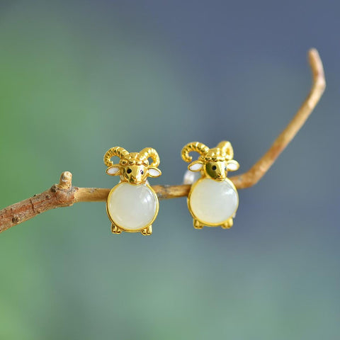 5852-2# Anting-anting domba pembawa keberuntungan berbentuk bulat dari perak sterling S925 bertatahkan giok Hetian, ukuran 8×8 cm, termasuk ongkos kirim dan pajak.