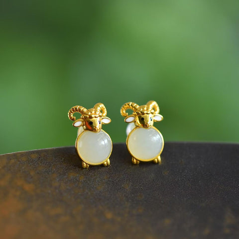 5852-2# Anting-anting domba pembawa keberuntungan berbentuk bulat dari perak sterling S925 bertatahkan giok Hetian, ukuran 8×8 cm, termasuk ongkos kirim dan pajak.