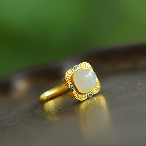 9088-2# Cincin perak sterling S925 dengan enamel giok Hetian berbentuk drum persegi, 7x7 buah, termasuk ongkos kirim dan pajak.