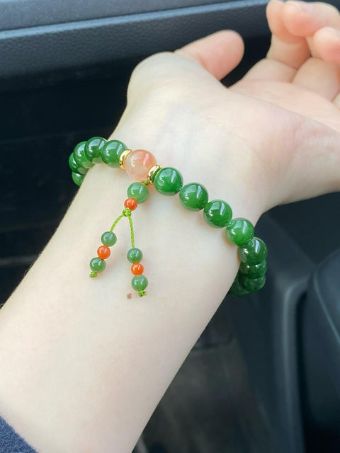 Gelang giok Hetian, penawaran spesial! Termasuk manik-manik akik merah. Ukuran: 8mm. Tampilan elegan dan mewah. Termasuk ongkos kirim dan pajak.