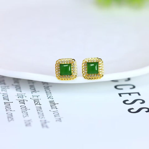 12704-2# Anting-anting persegi perak S925 bertatahkan giok Hetian (jadeit): 5 x 5 cm. Termasuk ongkos kirim dan pajak.