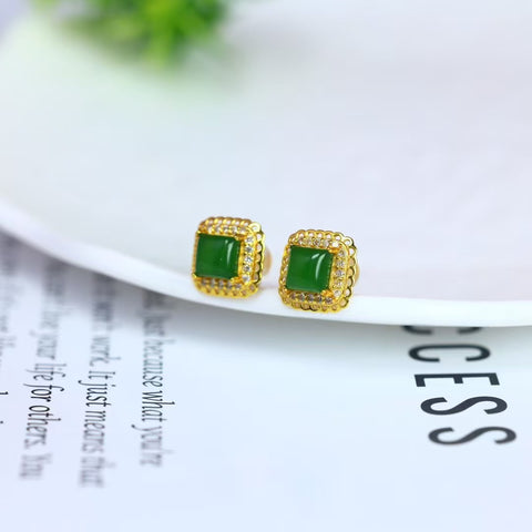12704-2# Anting-anting persegi perak S925 bertatahkan giok Hetian (jadeit): 5 x 5 cm. Termasuk ongkos kirim dan pajak.