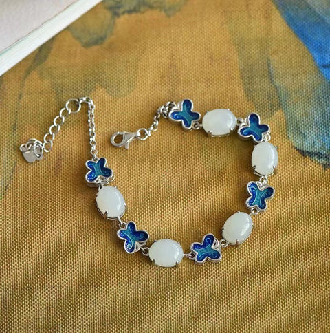 Gelang Enamel Kupu-kupu Giok Hetian Giok Alami 925 Tatahan Perak Ukuran 7.9mm Giok bersih dan halus serta hangat Sudah termasuk pajak pengiriman.