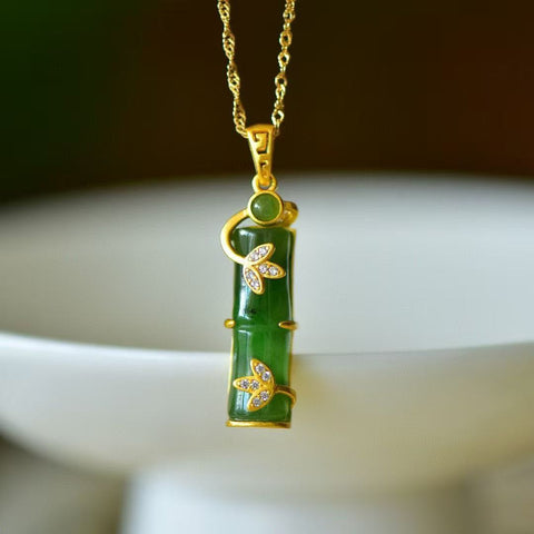10863-2 Kalung Zirkonia Bambu Jasper Alami 925 Pengaturan Perak Ukuran 8 * 23mm Giok adalah gaya yang halus dan hangat, indah.