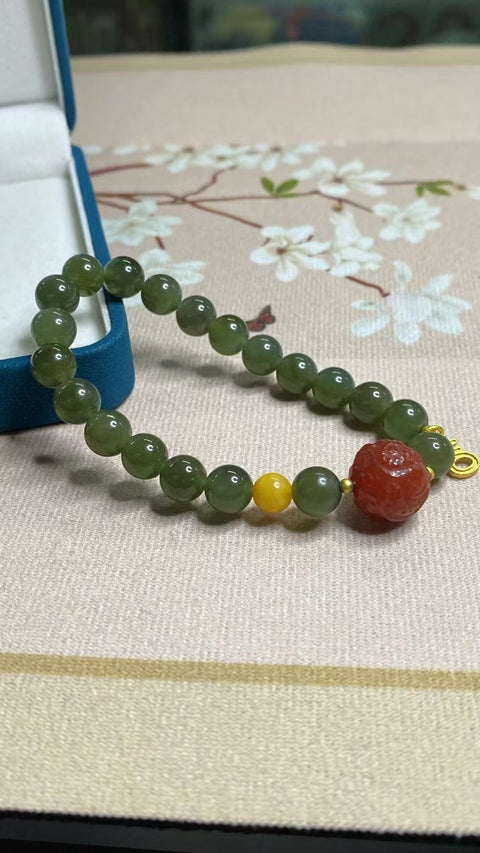 Gelang Giok Hetian Alami dengan aksesoris cantik Ukuran 8mm Giok bersih, halus dan hangat Sudah termasuk pajak pengiriman.